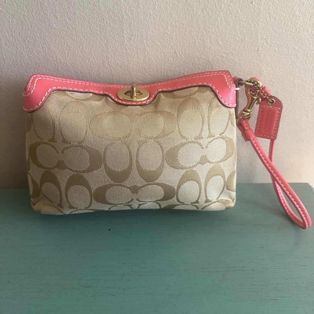 Coach Pink and Tan Wristlet Clutch